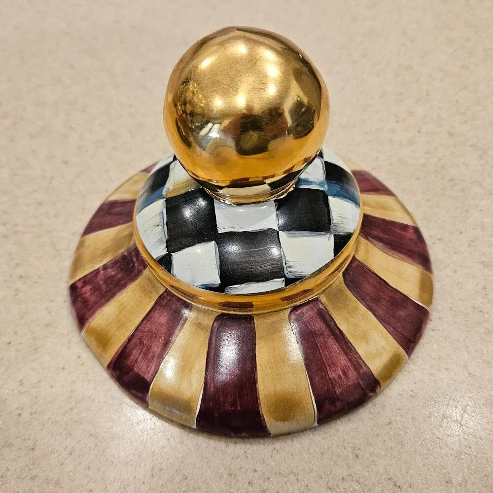 RARE MACKENZIE CHILDS ARGYLE PLAID AURORA CERAMIC GLOBE STORAGE CANISTER JAR
